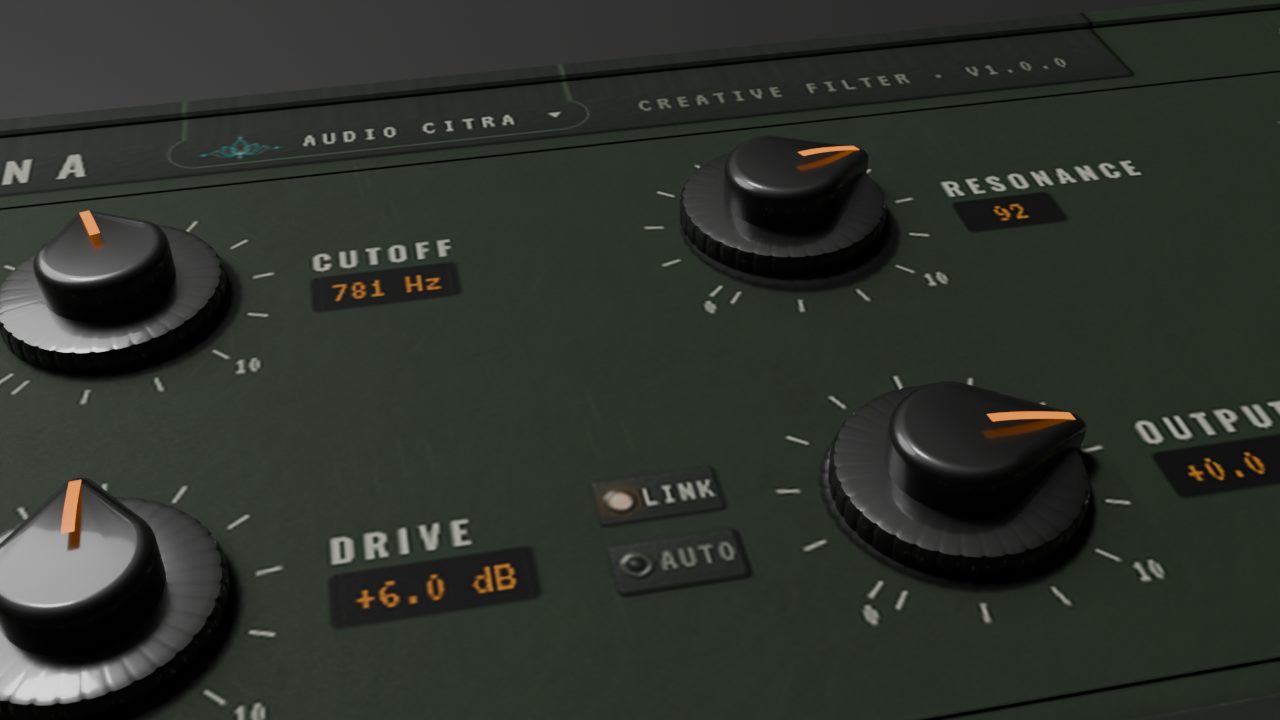 Cutoff, Resonance, Drive and Output chicken-head knobs